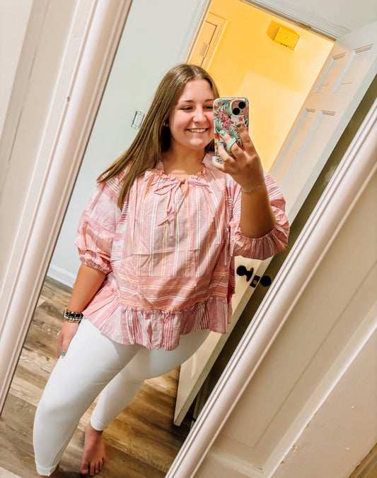 Easel Striped Pink Ruffle Peasant Blouse