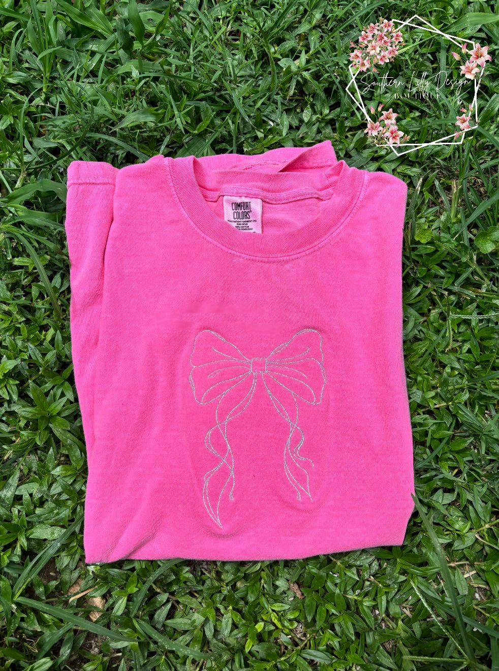 Glitter Embroidered Bow Comfort Colors T-Shirt