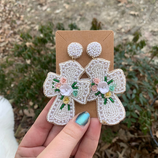 White Beaded Cross Earrings