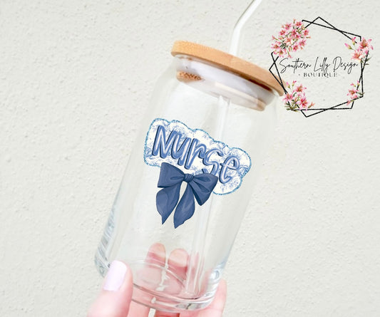 Nurse Coquette Blue Bow 16oz Glass Cup