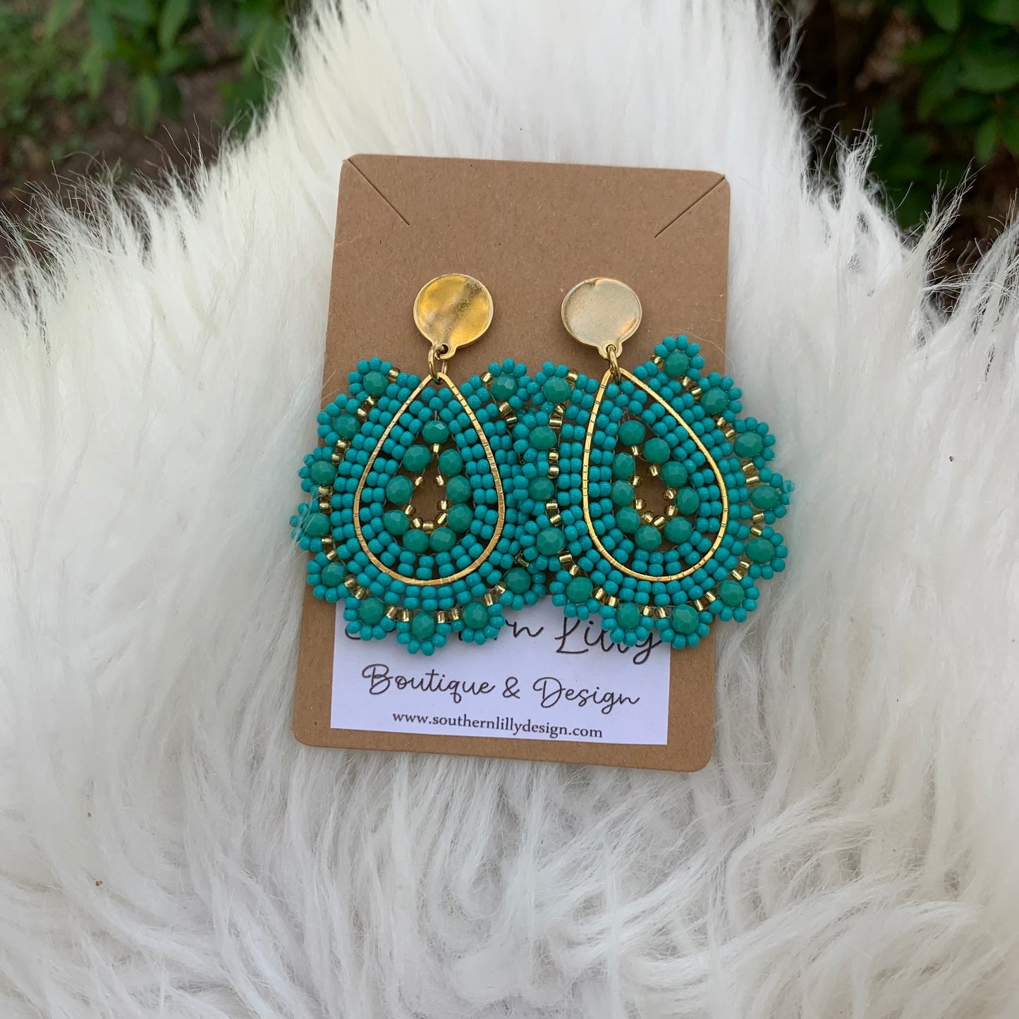 Teal Blue Teardrop Shape Beaded Earrings