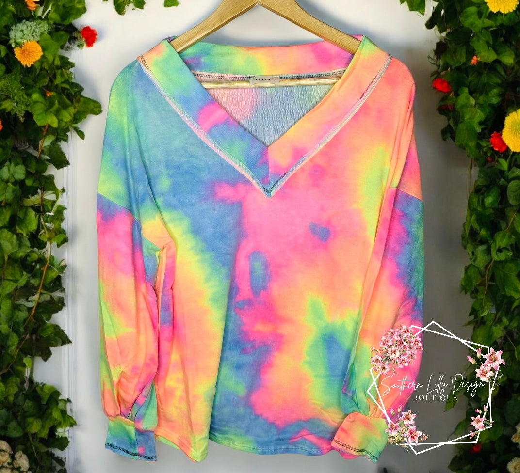 Tie Dye Delight Vibrant V-Neck Top