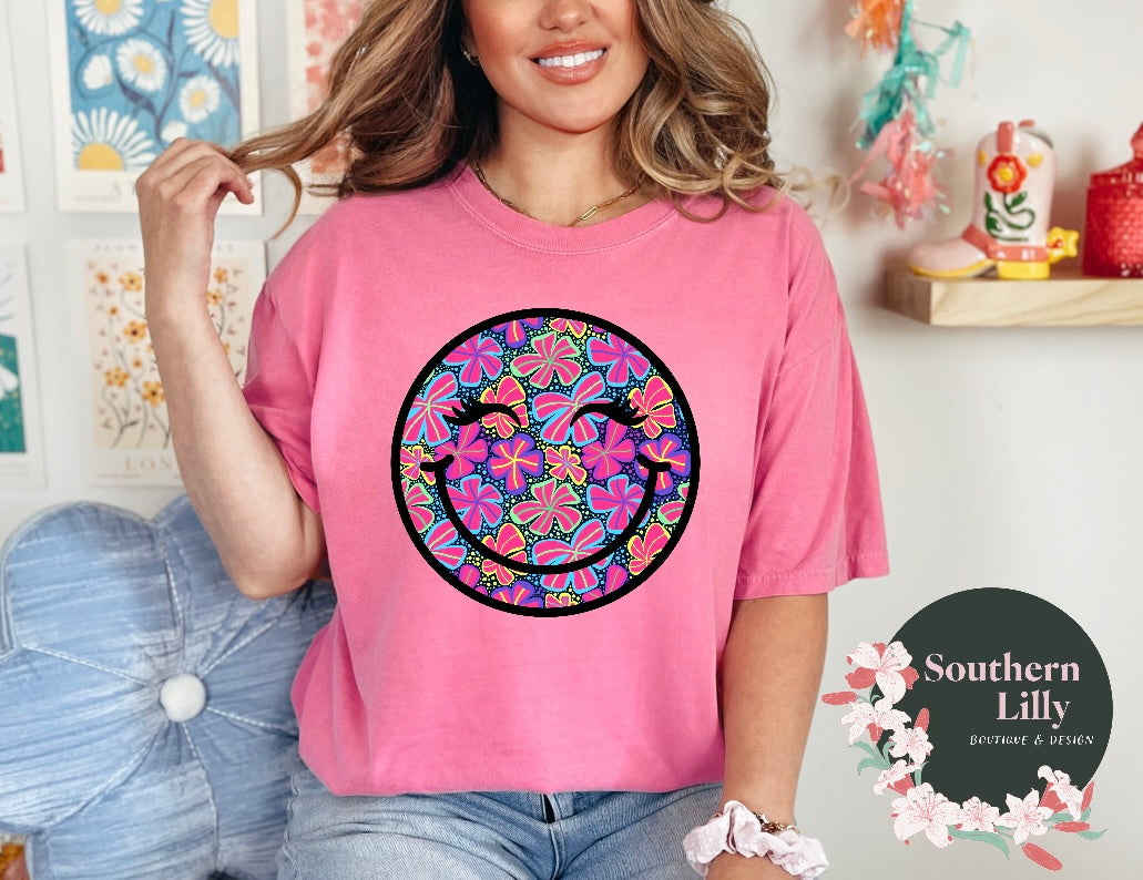 Bright Floral Print Smiley Face Comfort Colors T-Shirt