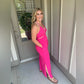 EASEL "Eleonor" Halter Jumpsuit Open Back W/ Ties Side Slit Wide Leg Barbie Pink