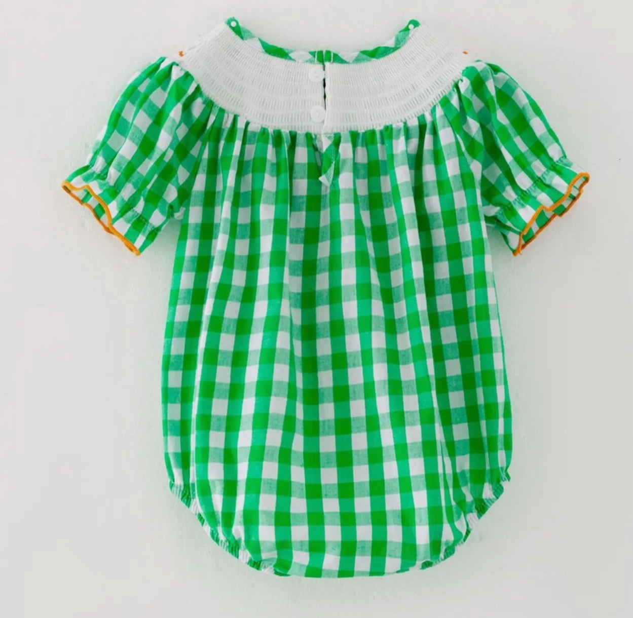 Baby Pumpkin Bubble Romper – Green Gingham Smocked Fall Outfit