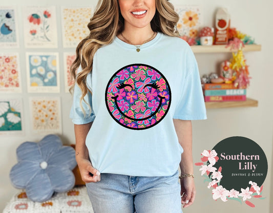 Bright Floral Print Smiley Face Comfort Colors T-Shirt