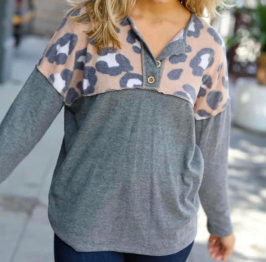 Leopard & Charcoal Fleece Henley Top