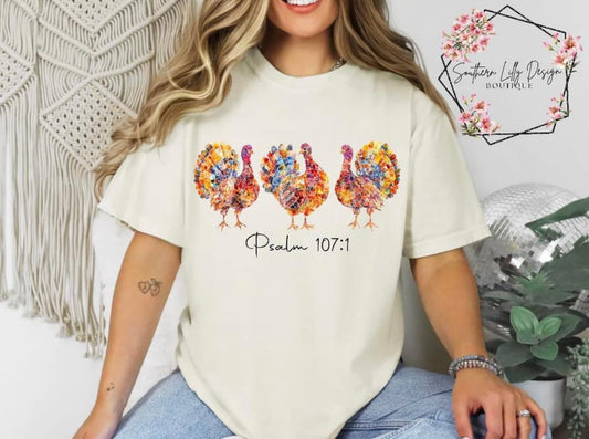 Mosaic Turkeys with Psalm 107:1 Comfort Colors T-Shirt