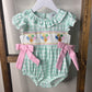 Smocked Gingham Baby Romper with Pink Bows Thanksgiving Turkey Embroidery