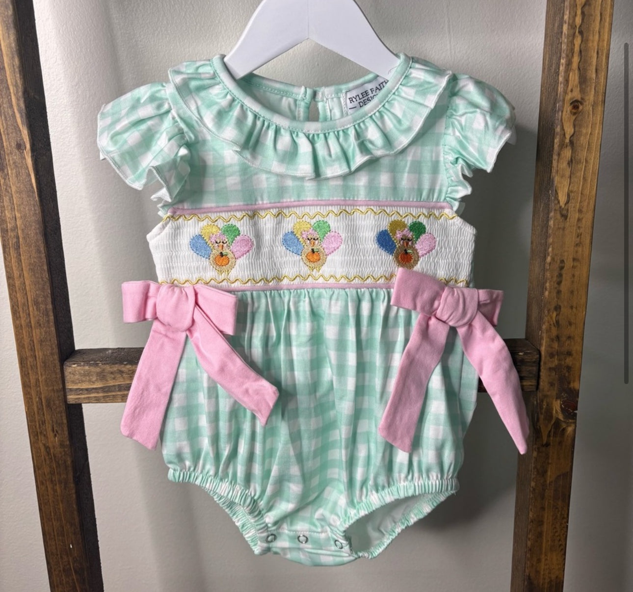Smocked Gingham Baby Romper with Pink Bows Thanksgiving Turkey Embroidery