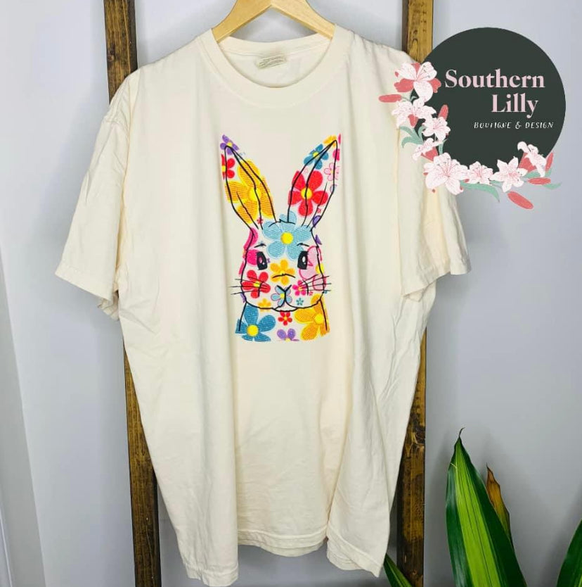 Colorful Bunny Faux Embroidered T-Shirt