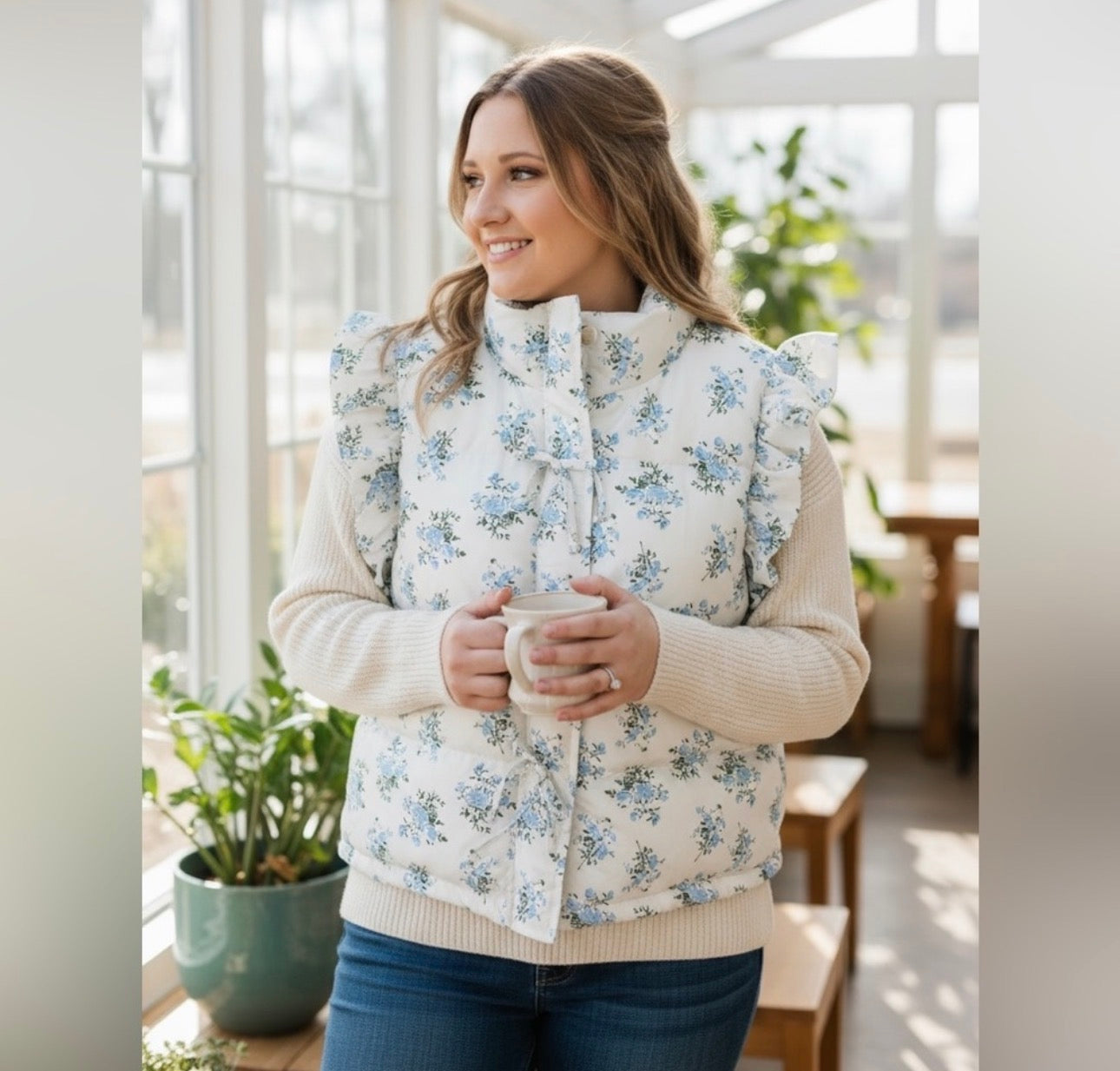 Blue Floral Ruffle Sleeve Puffer Vest