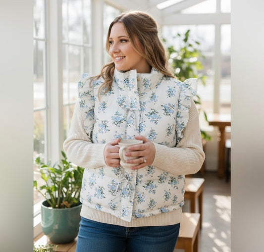 Blue Floral Ruffle Sleeve Puffer Vest