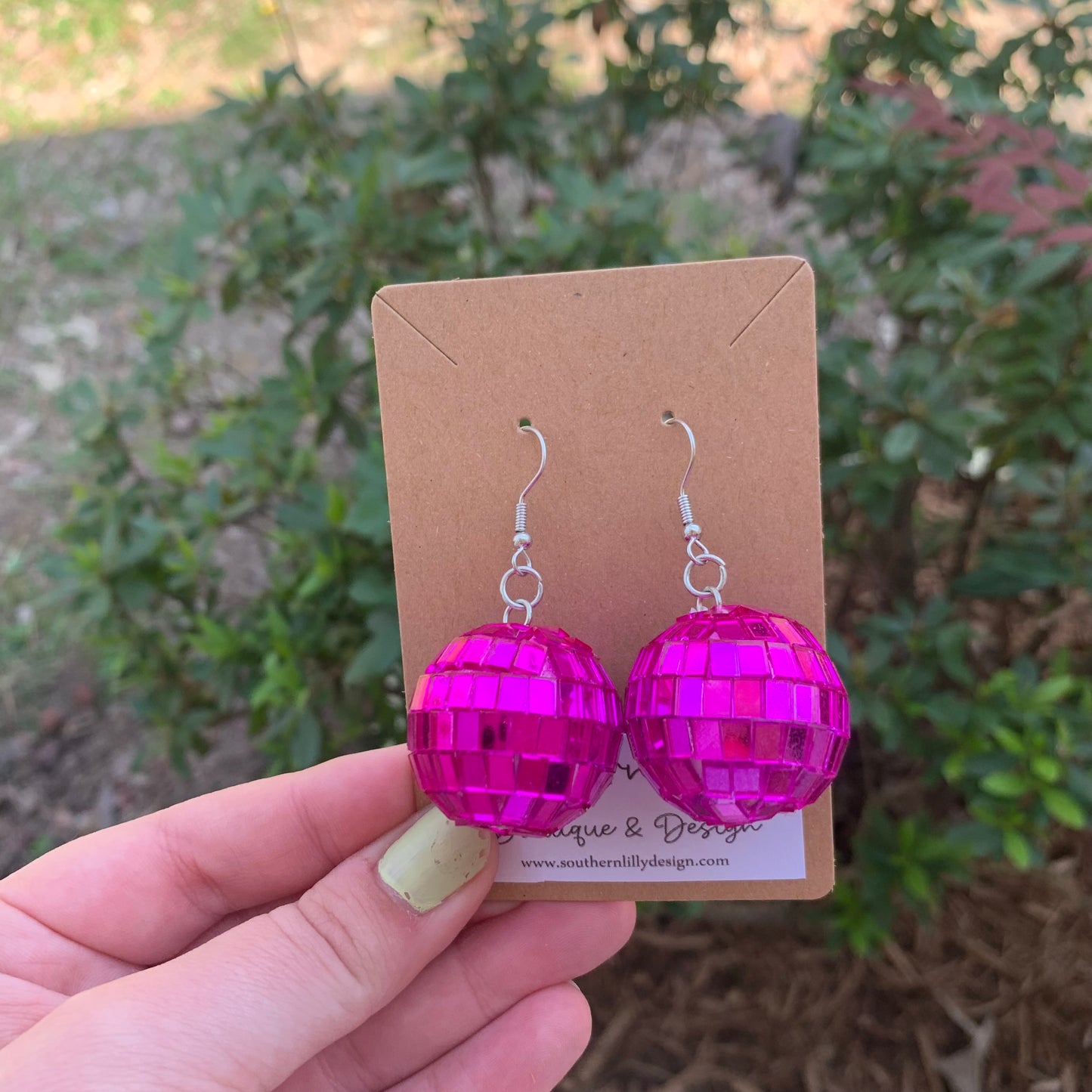 Fuchsia Disco Ball Dangle Earrings Large Size