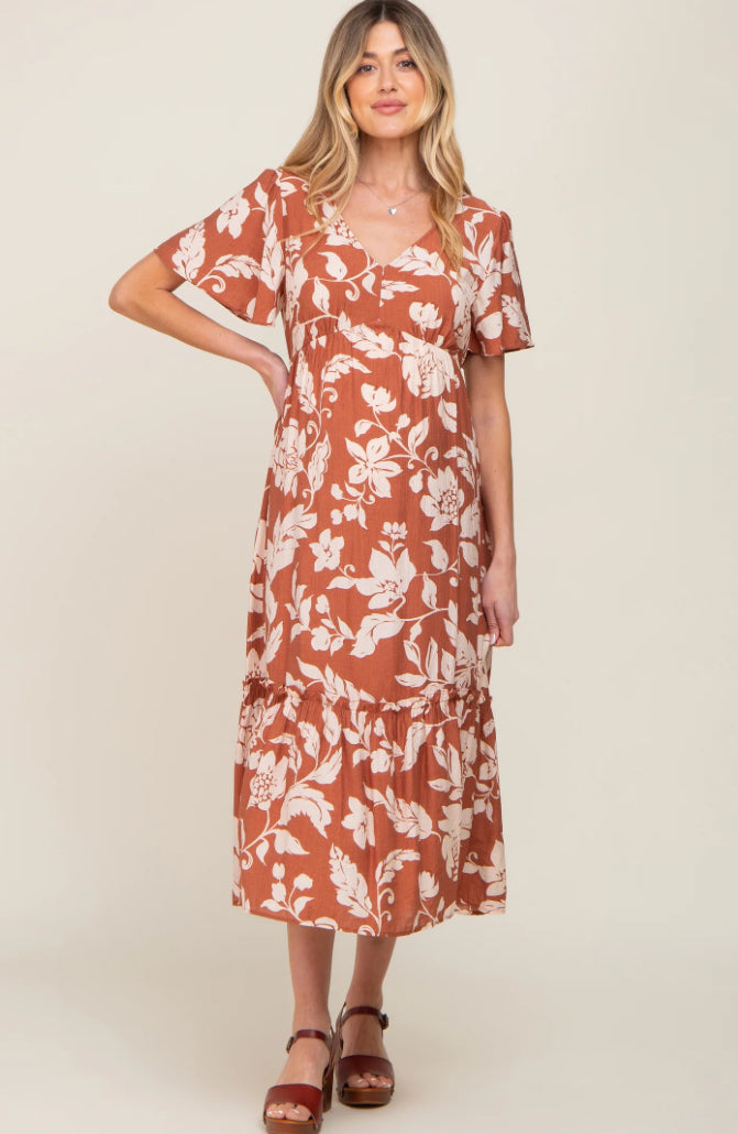 Easel Brown Floral Print Midi Dress S