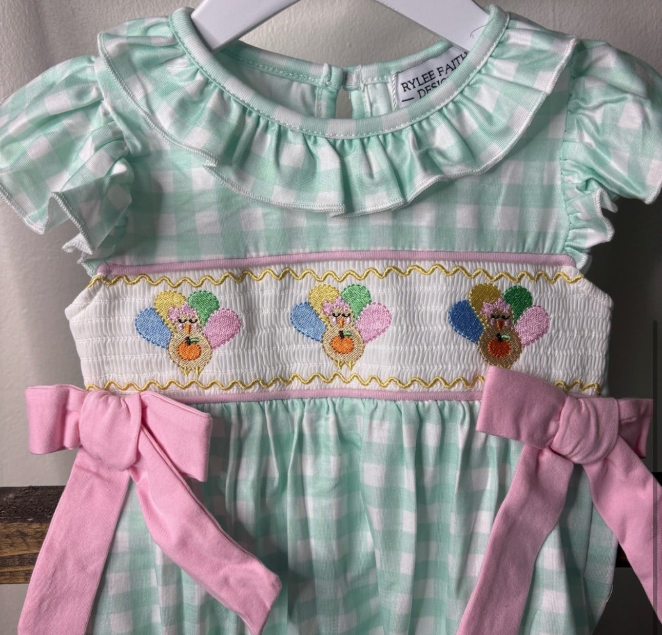 Smocked Gingham Baby Romper with Pink Bows Thanksgiving Turkey Embroidery