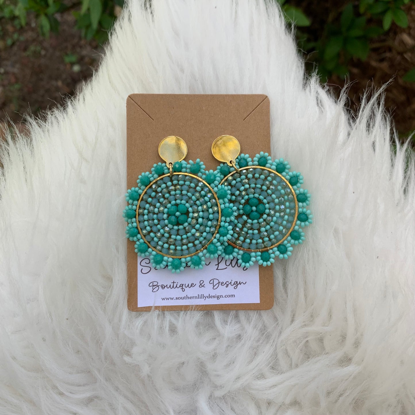 Teal Blue Round Beaded Earrings