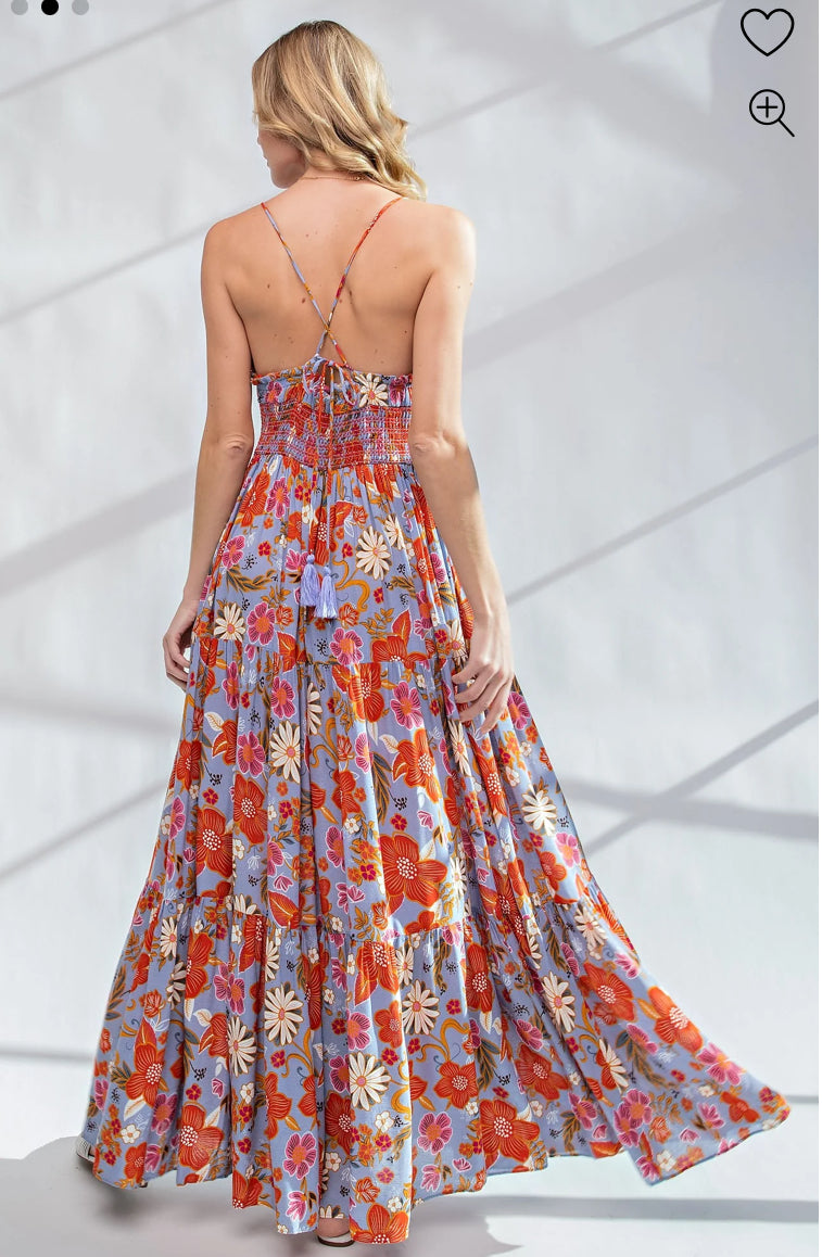 Easel Floral Print Criss Cross Back Maxi Dress S