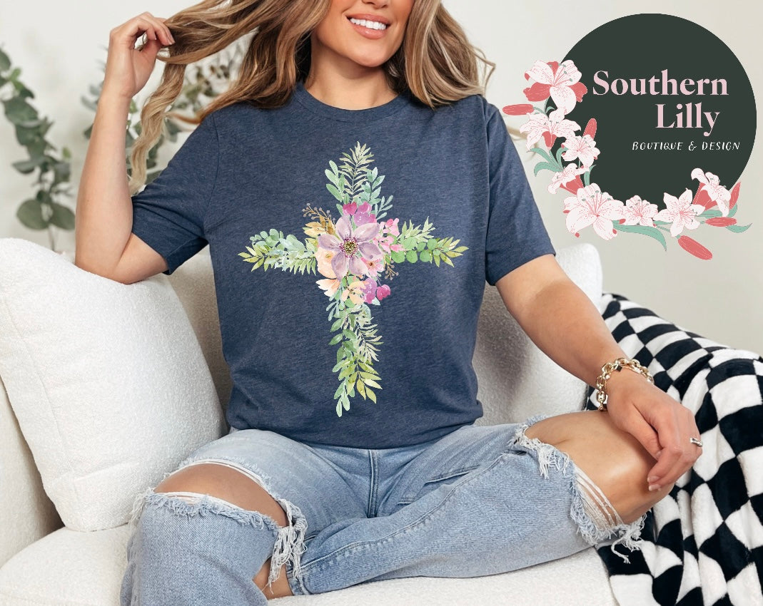 Floral Print Cross Bella Canvas T-Shirt