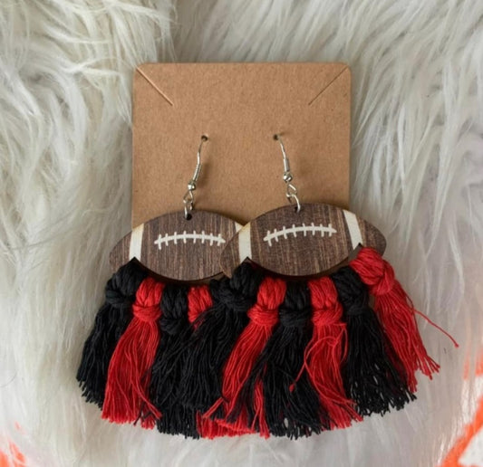 Wooden Football Red & Black Tassel Earrings