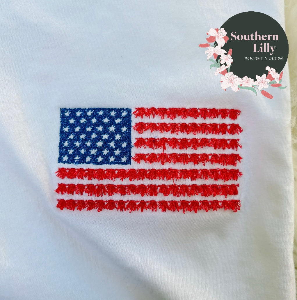 American Flag with Fringe Tassels Comfort Colors Embroidered T-Shirt