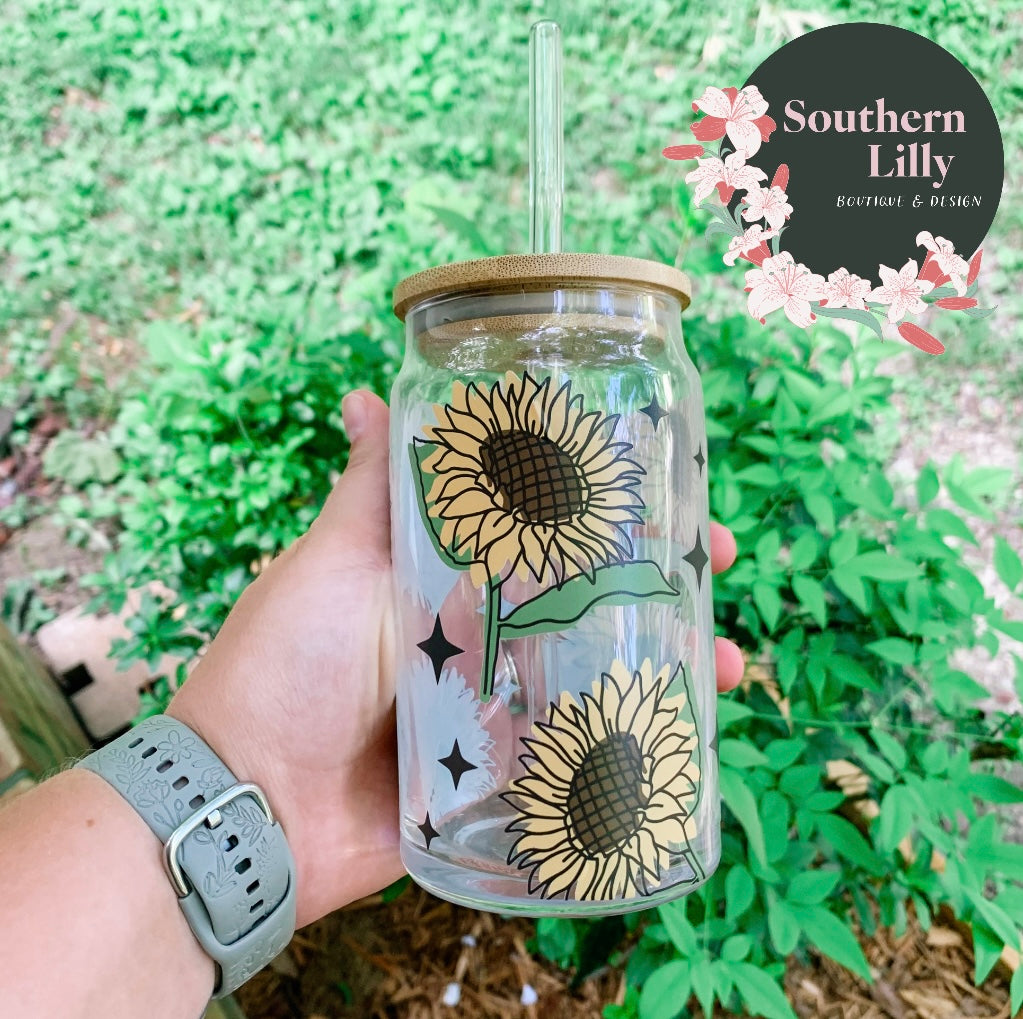 Sunflower Glass Coffee Cup with Lid and Straw