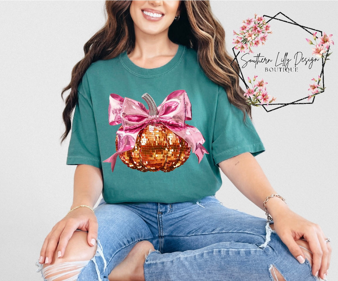 Disco Pumpkin Bow Comfort Colors T-Shirt