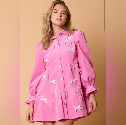 Fantastic Fawn Pink Corduroy Dress with White Bow Accents