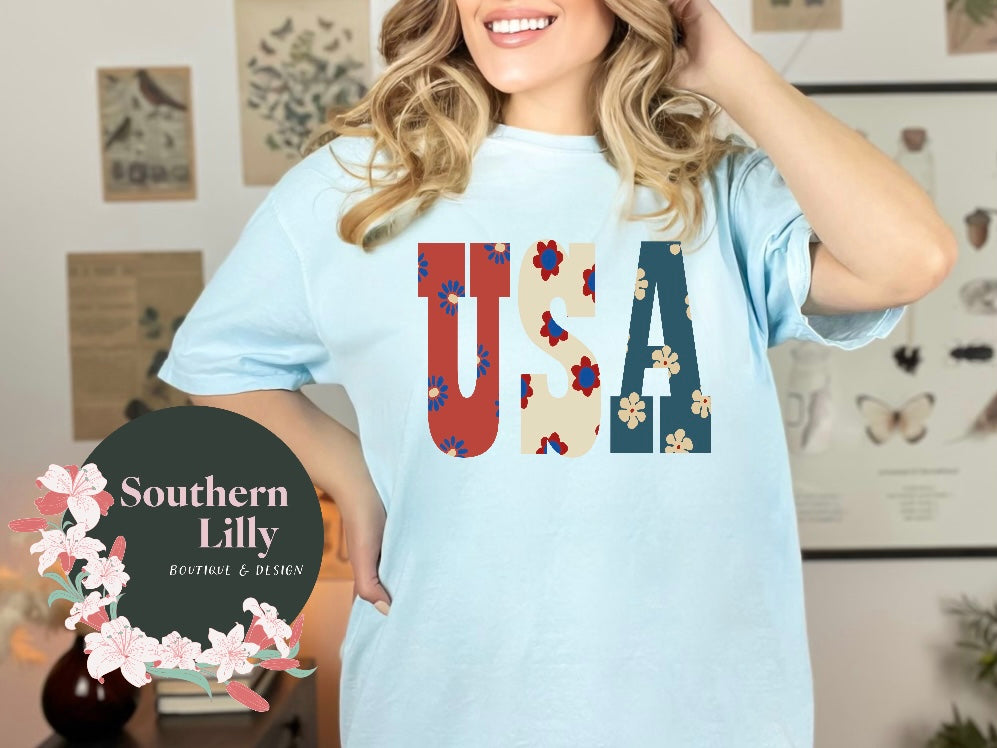 USA Flower Print Comfort Colors T-Shirt