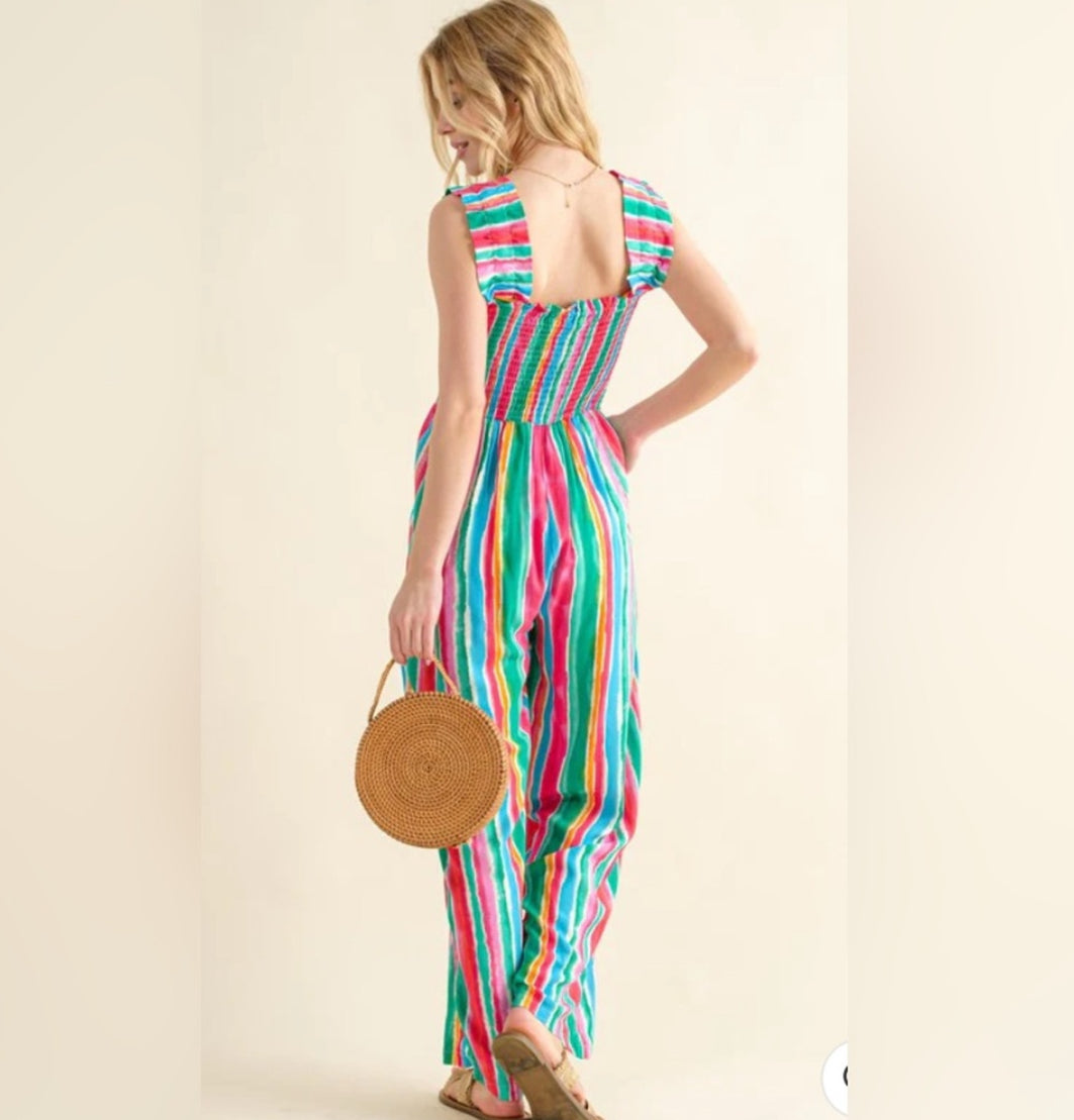 Colorful Striped Wide Leg Jumpsuit – Vibrant Summer Outfit for Women