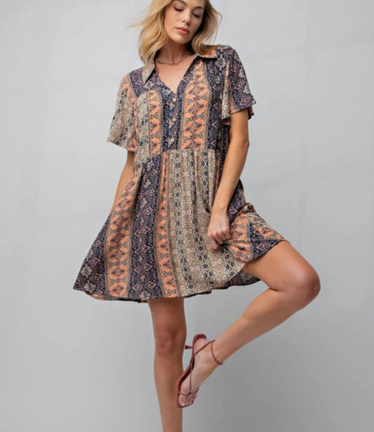 Easel Collared Patchwork Mini Dress S