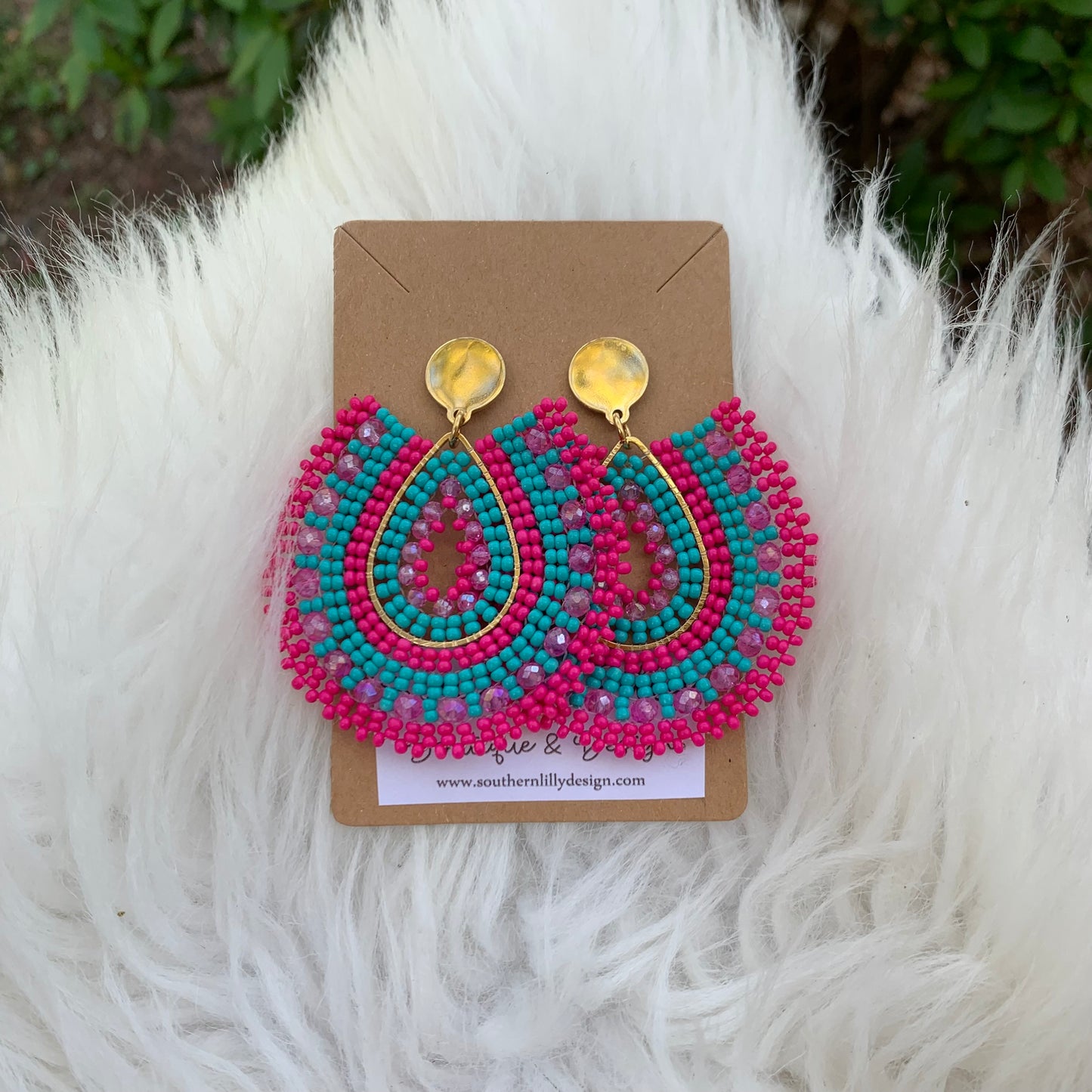 Pink and Blue Teardrop Beaded Earrings