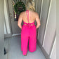 EASEL "Eleonor" Halter Jumpsuit Open Back W/ Ties Side Slit Wide Leg Barbie Pink