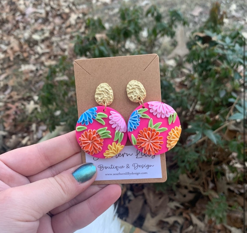 Pink Floral Clay Earrings