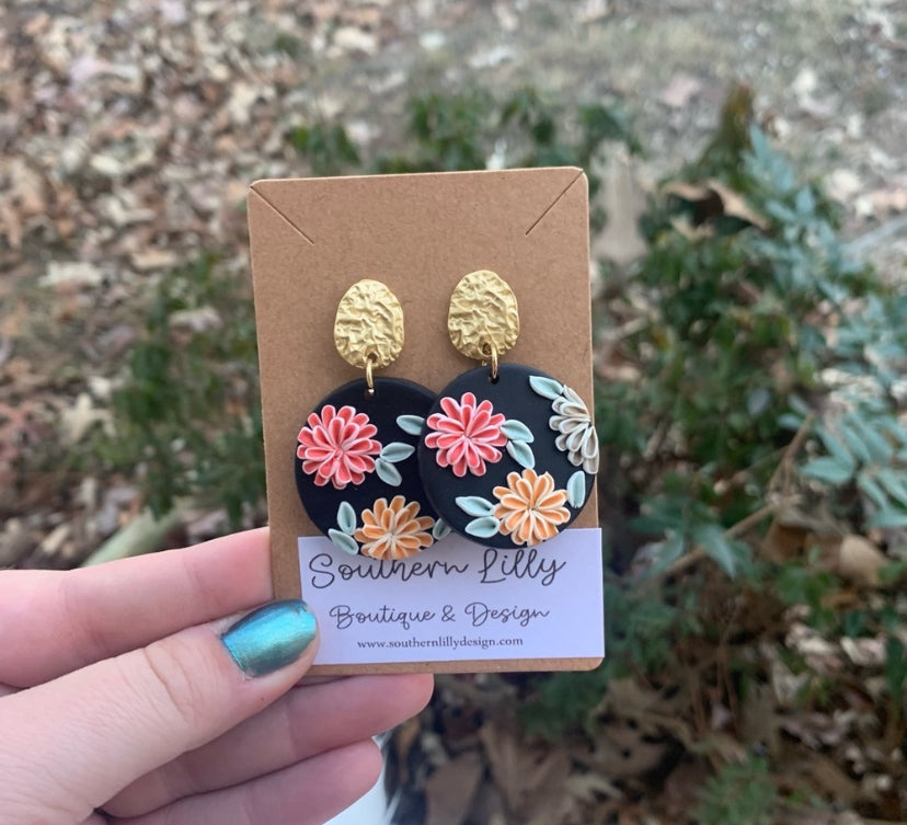 Black Clay Flower Earrings