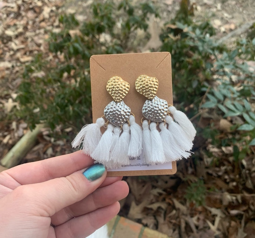 Two Tone White Tassel Earrings