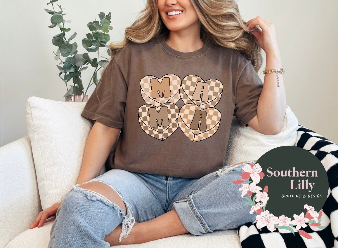 Mama Checkered Hearts Stacked Comfort Colors T-Shirt