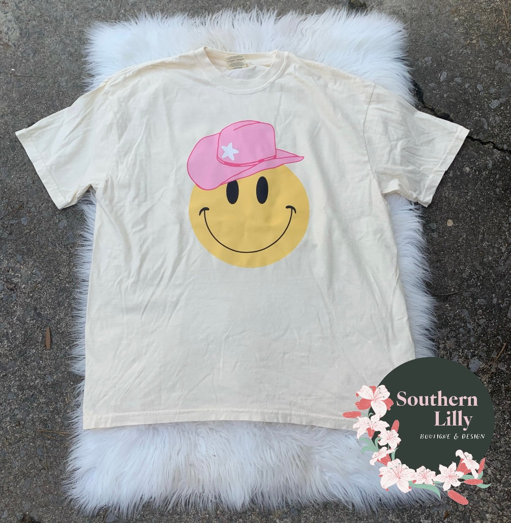 Smiley Face Cowgirl Hat Comfort Colors T-Shirt