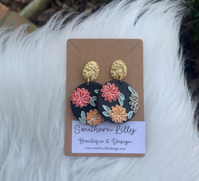 Black Clay Flower Earrings