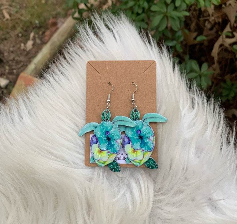 Floral Print Turtle Earrings