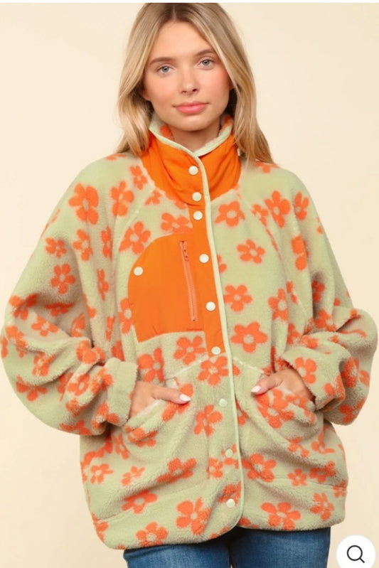 Retro Floral Fleece Pullover Jacket – Cozy Orange & Green