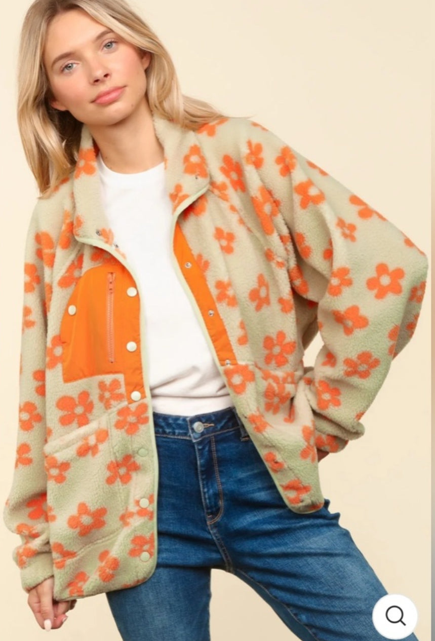 Retro Floral Fleece Pullover Jacket – Cozy Orange & Green