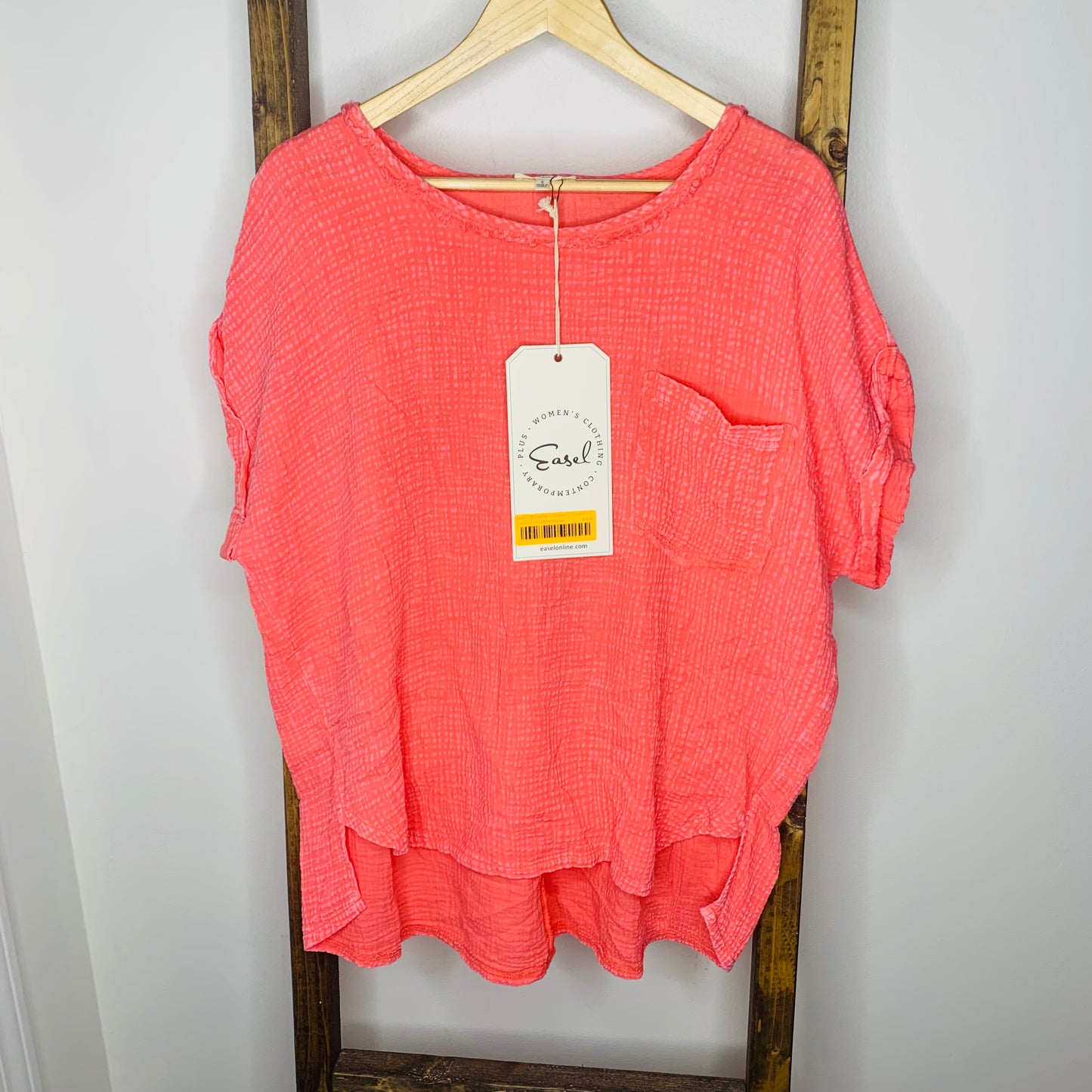 Easel Coral Pink Gauze Top S