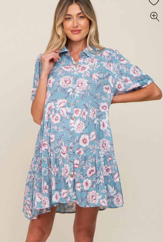 Easel Floral Print Button Up Collared Dress S