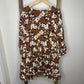 Easel Coffee Floral Printed Challis Boat Neck Loose Fit Ruffled Edges Dress S