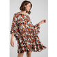 Easel Coffee Floral Printed Challis Boat Neck Loose Fit Ruffled Edges Dress S