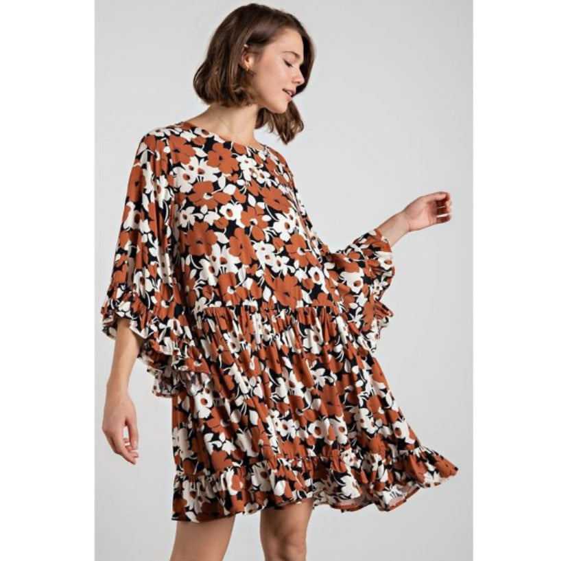 Easel Coffee Floral Printed Challis Boat Neck Loose Fit Ruffled Edges Dress S