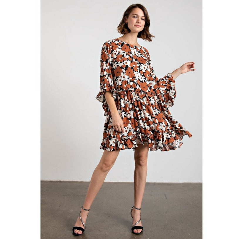 Easel Coffee Floral Printed Challis Boat Neck Loose Fit Ruffled Edges Dress S