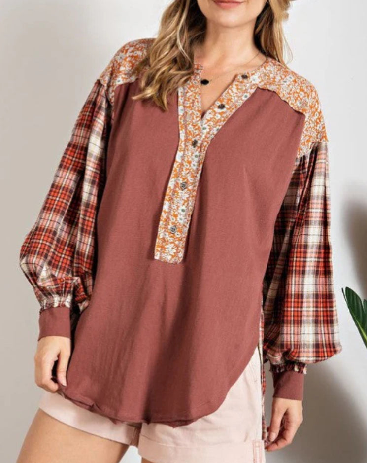 Easel Plaid and Floral Bubble Sleeve Top S