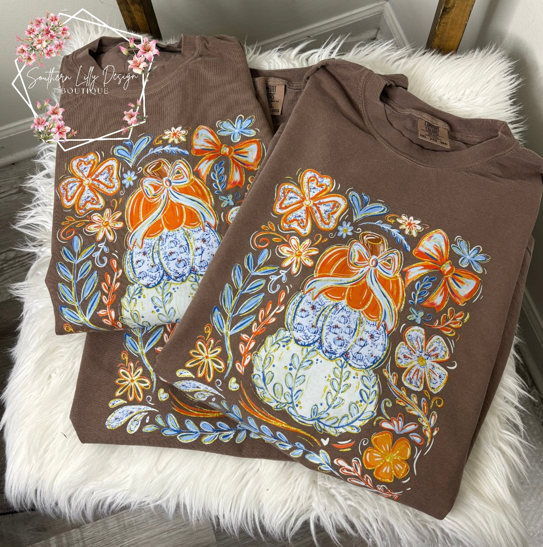 Whimsical Pumpkin & Floral Fall Comfort Colors Tee